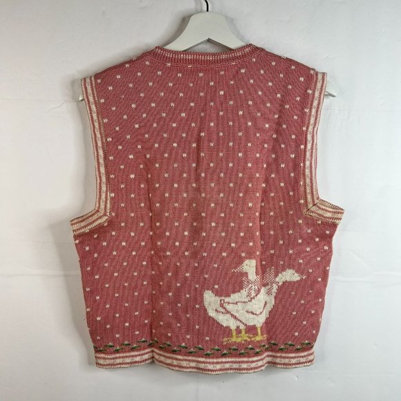 Vintage Goose V-Neck Pullover Sweater Vest Pink White Cottagecore Granny Size L - Picture 7 of 9